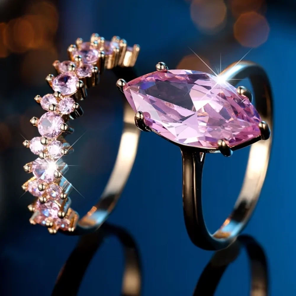 Beautiful Gold Crystal Pink Moissanite Gemstone Marquise Cut Ring - SIZE 8